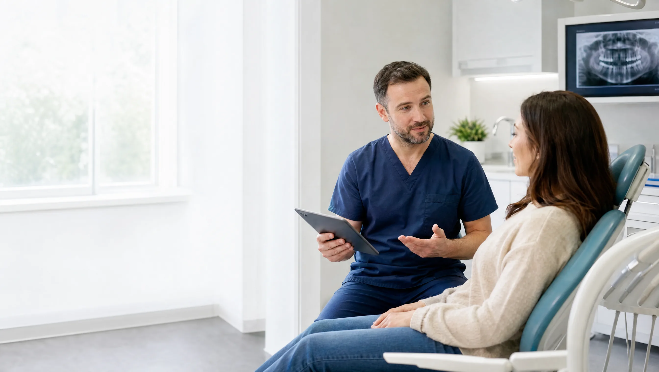 Dentist listening to a patient during a calm consultation